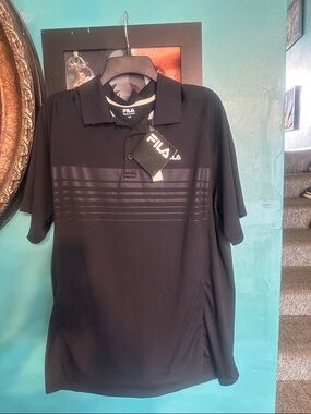 FILA Men’s Black Polo with Horizontal Matte Stripe Detail